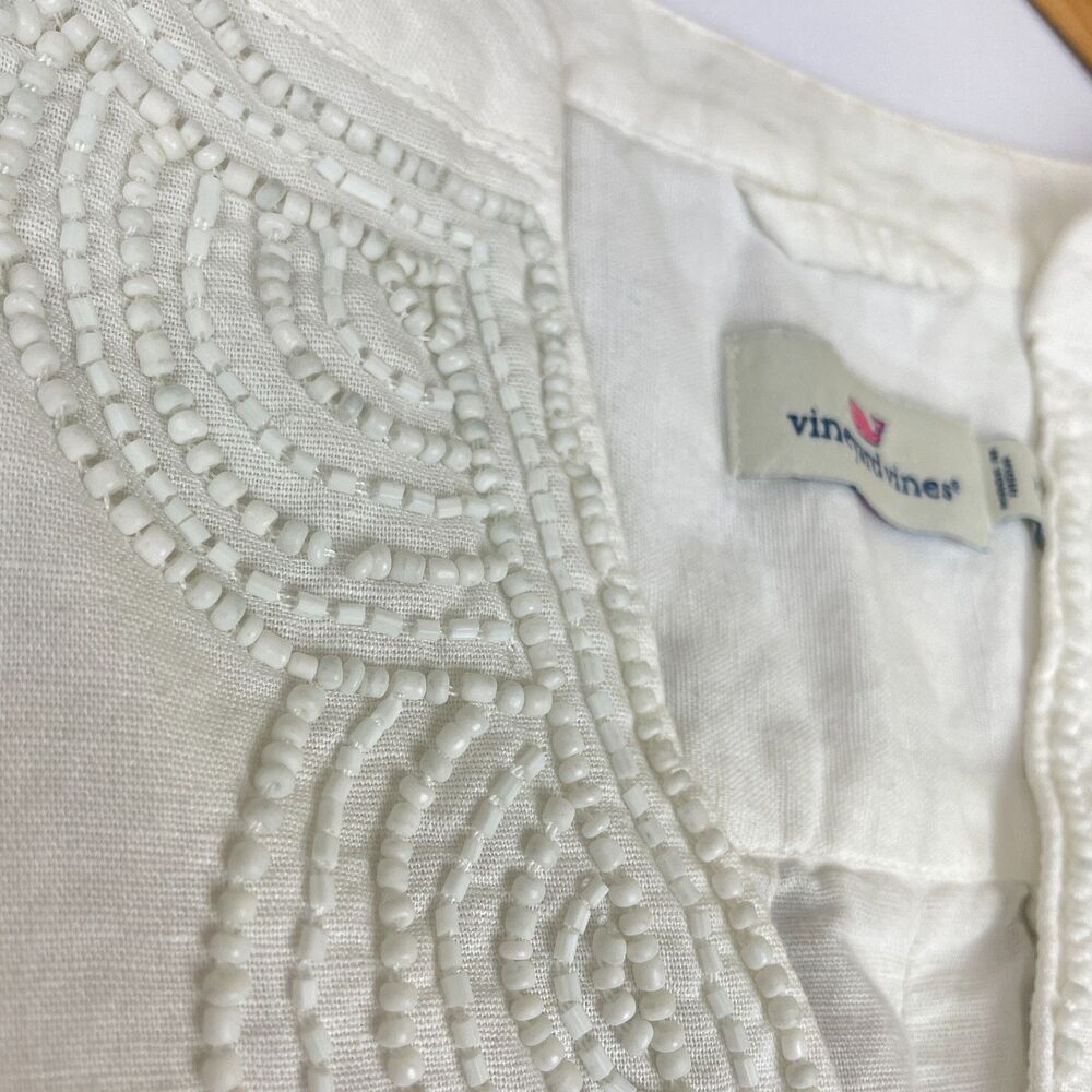 ~ Vineyard Vines XS Blouse Linen Cotton Beaded White Ivory Split Sleeve Hem Flaw - Picture 13 of 16